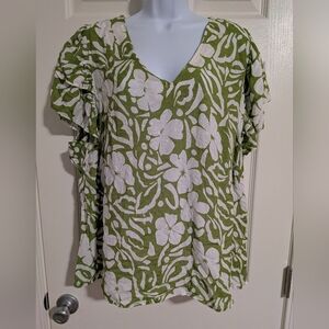 NWT Rachel Zoe 2X Green White Ruffle Sleeve Floral Top